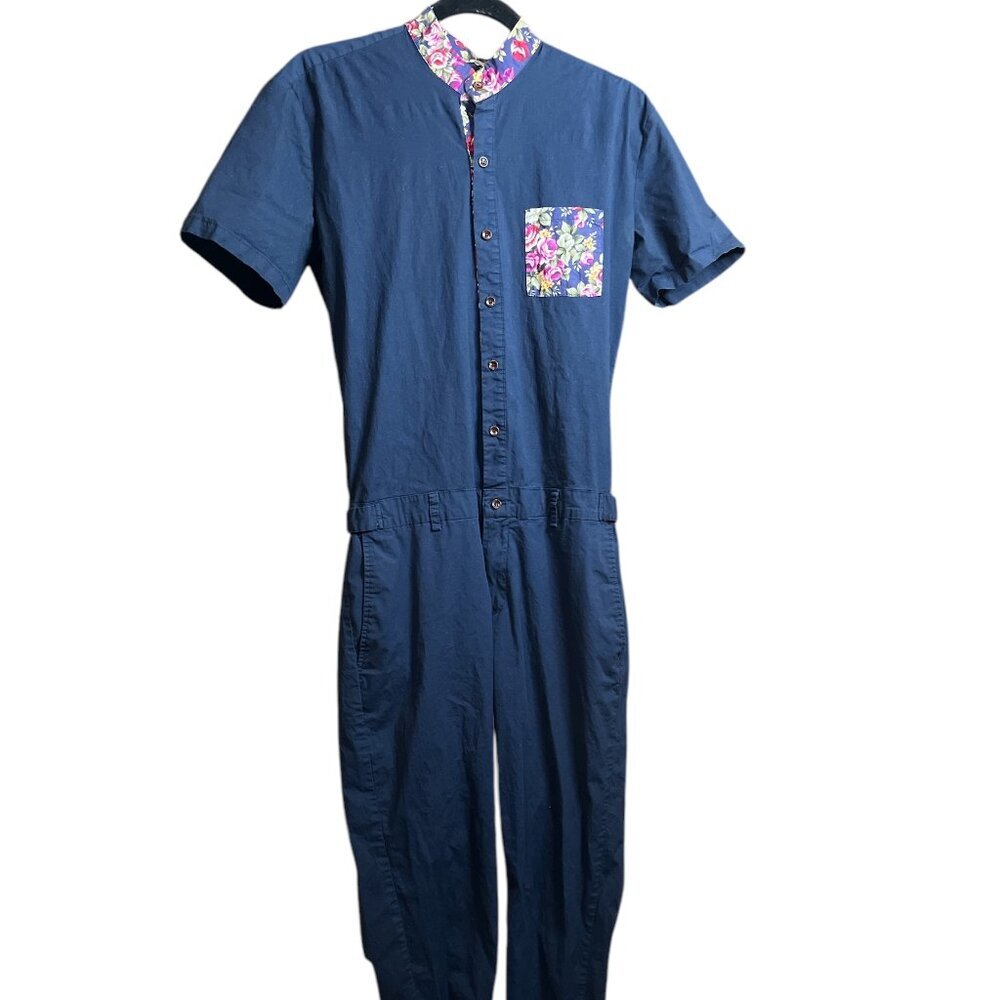 Men's Romper Jack Navy Blue and Floral Button Up Jumpsuit Size MD USED
